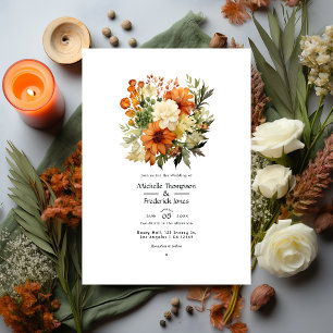 Invitación Boda floral de naranja quemada, crema y verde musg