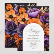 Boda floral de naranja quemada, púrpura oscuro y n