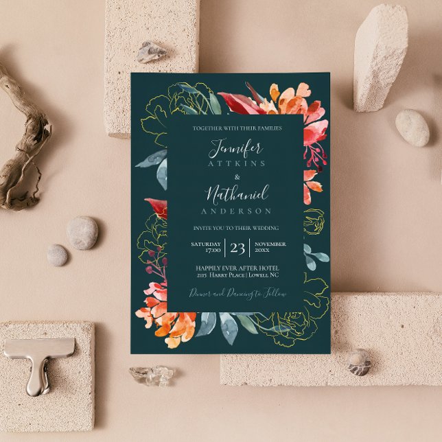 Invitación Boda floral de Naranja Rusty Verde Esmeralda (Subido por el creador)