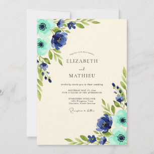 Invitación Boda floral de naturaleza azul marino