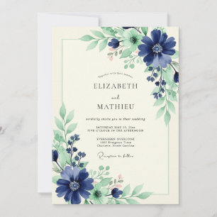 Invitación Boda floral de naturaleza en azul marino