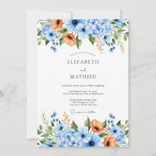 Invitación Boda floral de naturaleza naranja azul
