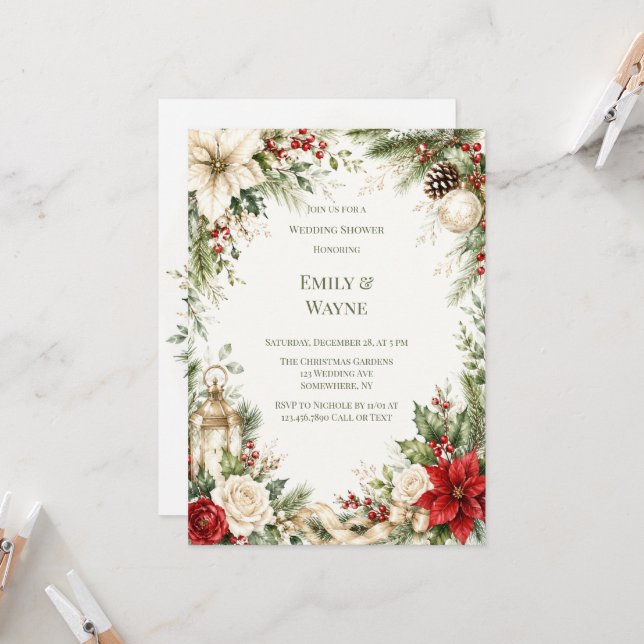 Invitación Boda Floral de Navidad Elegante (Anverso/Reverso In Situ)