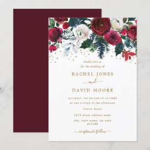Invitación Boda Floral de Navidad en Rojo Burgundy Dorado