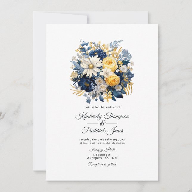 Invitación Boda floral de Navy, Blanco y Dorado (Anverso)