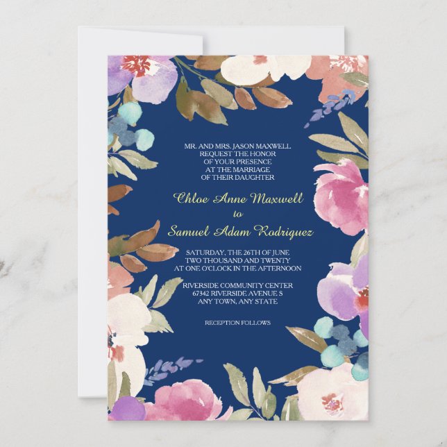 Invitación Boda floral de Navy Blue Garden (Anverso)