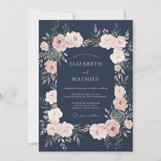 Invitación Boda floral de Navy Blush (Anverso)