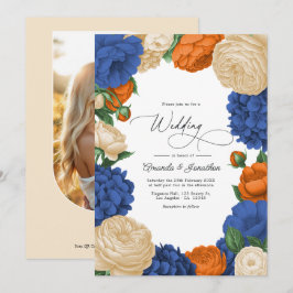 Invitación Boda floral de Navy, Naranja Quemado y Champán