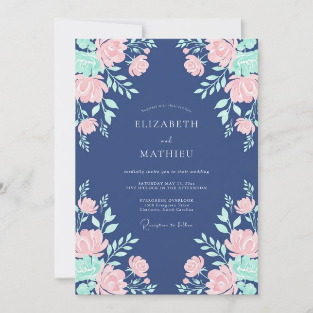 Invitación Boda floral de Navy Pink Blossom (Anverso)