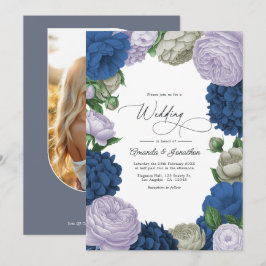 Invitación Boda floral de Navy profundo, Lilac suave y gris n