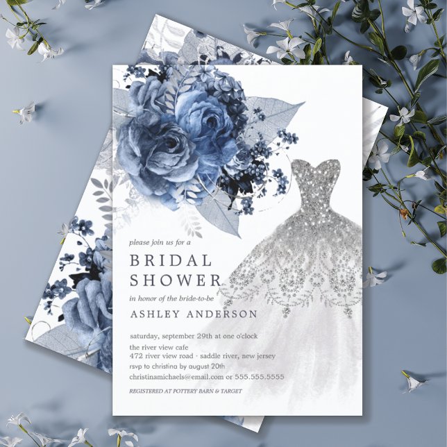 Invitación Boda floral de Navy y Plata Vestido Bridal Shower (Subido por el creador)