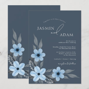 Invitación Boda floral de opulencia azul real simple