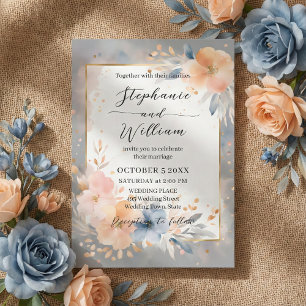 Invitación Boda Floral de Oro Acuarela Dusty Blue Melocotón