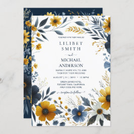 Invitación Boda floral de oro amarillo azul de la marina prem