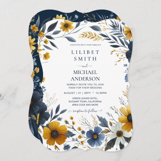 Invitación Boda floral de oro amarillo azul de la marina prem (Anverso / Reverso)