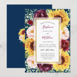 Invitación Boda floral de oro azul de girasol