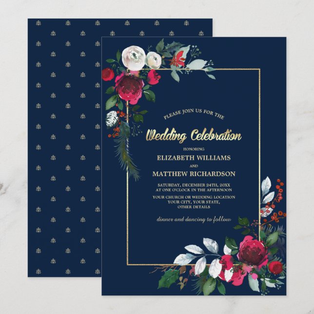 Invitación Boda floral de oro azul de la Marina Borgoña (Anverso / Reverso)