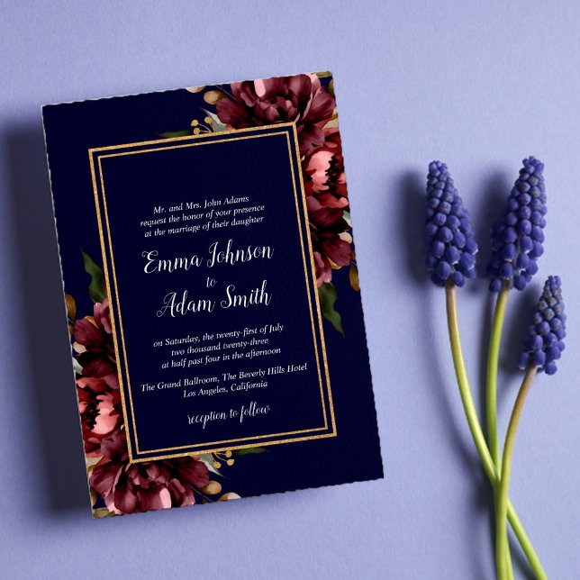 Invitación Boda floral de oro azul de la Marina Borgoña (Subido por el creador)