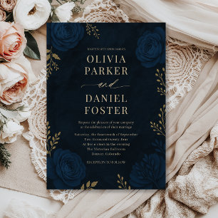 Invitación Boda floral de oro azul marino