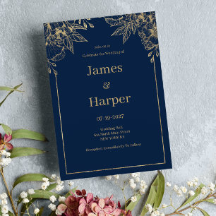 Invitación Boda floral de oro azul marino elegante de lujo