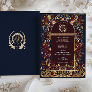 Invitación Boda floral de oro azul y antiguo de la Marina de