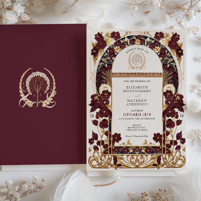 Invitación Boda floral de oro azul y antiguo de la Marina de  (Subido por el creador)