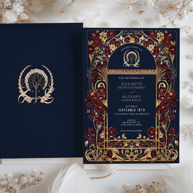 Invitación Boda floral de oro azul y antiguo de la Marina de  (Subido por el creador)