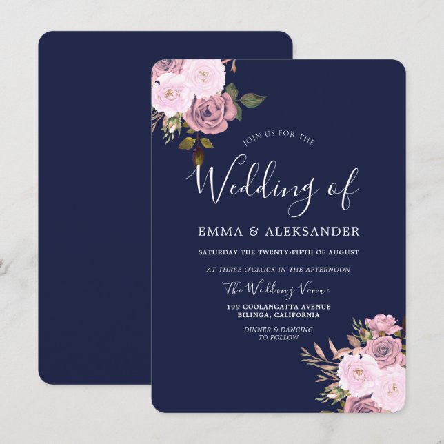 Invitación Boda floral de oro azul y Rosa de la marina (Anverso / Reverso)