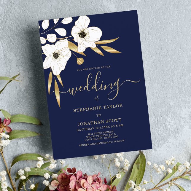 Invitación Boda floral de oro blanco azul marino de lujo (Luxury navy blue white gold floral wedding )