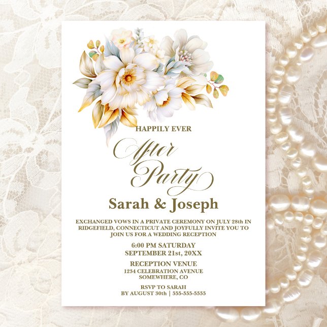 Invitación Boda Floral de oro blanco después del Fiesta (Subido por el creador)