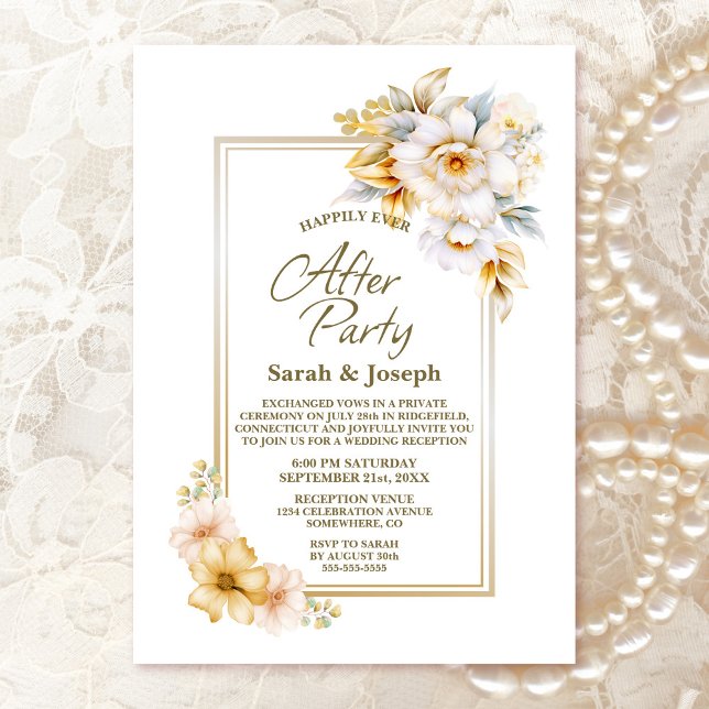 Invitación Boda Floral de oro blanco después del Fiesta (Subido por el creador)