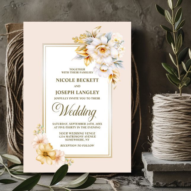 Invitación Boda floral de oro blanco elegante (Subido por el creador)