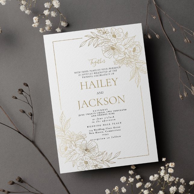 Invitación Boda floral de oro blanco geométrico de lujo (Luxury geometric white gold floral wedding )