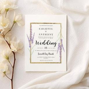 Invitación Boda floral de oro blanco lavanda minimalista