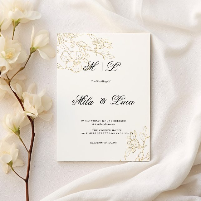 Invitación Boda floral de oro blanco y elegante (Simple elegant white gold floral Wedding)