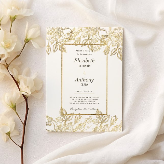 Invitación Boda floral de oro blanco y elegante de lujo (Luxury glam elegant white gold floral Wedding )