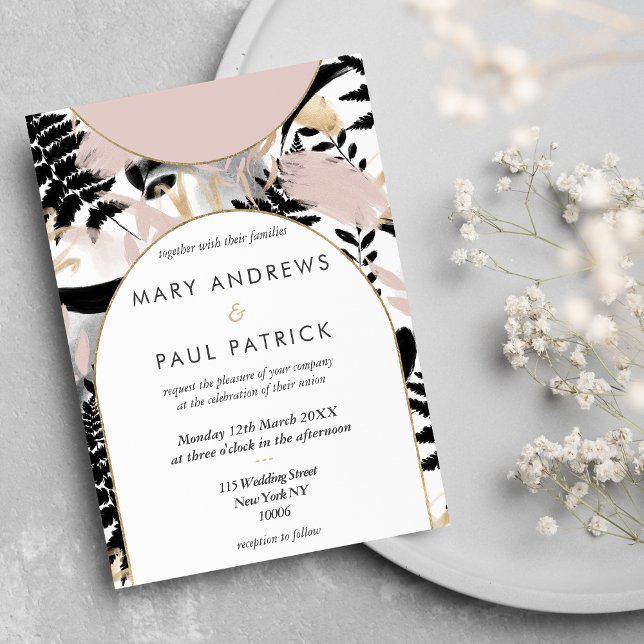 Invitación Boda floral de oro blanco y negro geométrico (Geometric pink black white gold floral Wedding )