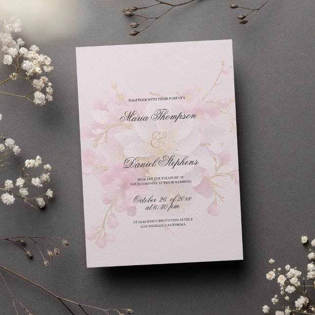 Invitación Boda floral de oro blanco y rosa elegante clásico (Classic elegant pink white gold floral wedding)