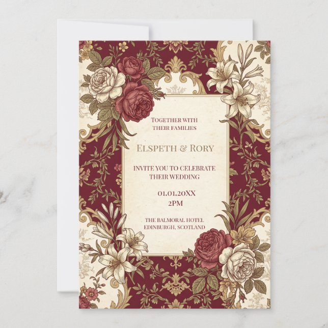 Invitación Boda floral de oro burdeos (Anverso)
