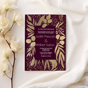 Invitación Boda floral de oro burdeos de lujo
