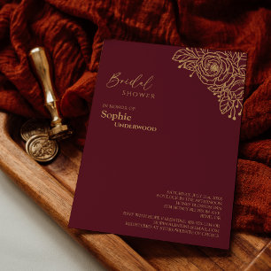 Invitación Boda floral de oro de Borgoña ducha de novia