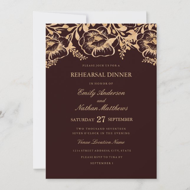 Invitación Boda floral de oro de Borgoña Ensayo Cena (Anverso)