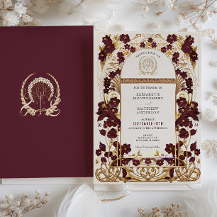 Invitación Boda floral de oro de Borgoña y Antiguo