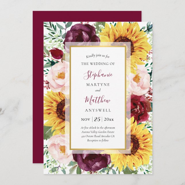 Invitación Boda floral de oro de girasol de borgoña otoño (Anverso / Reverso)
