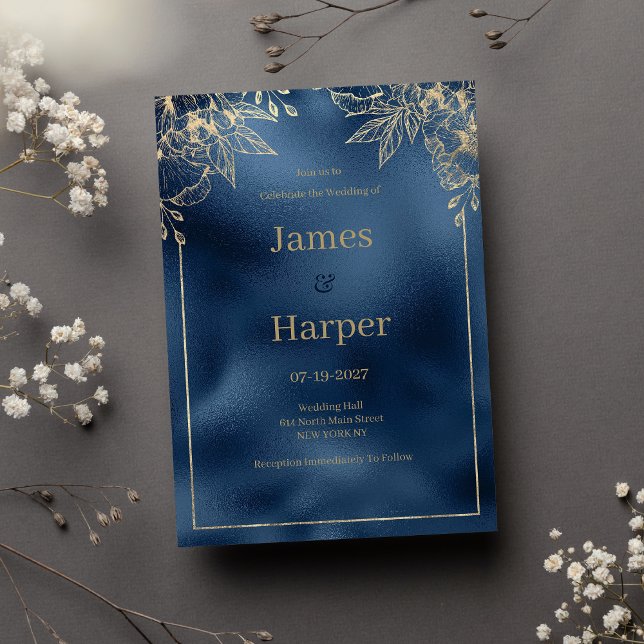 Invitación Boda floral de oro de gradiente azul marino metáli (Metallic navy blue gradient gold floral Wedding)