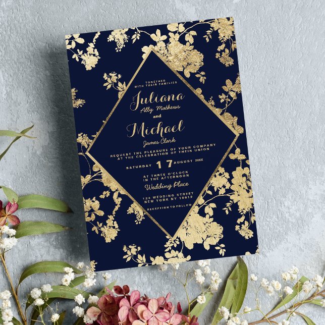 Invitación Boda floral de oro de imitación azul marino elegan (Vintage elegant navy blue faux gold floral wedding invitation)