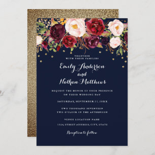 Invitación Boda floral de oro de la Marina de Confetti