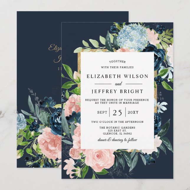Invitación Boda floral de oro de la Marina Rustica de Acuarel (Anverso / Reverso)
