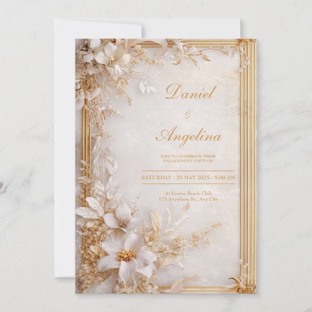Invitación Boda floral de oro de lujo (Anverso)