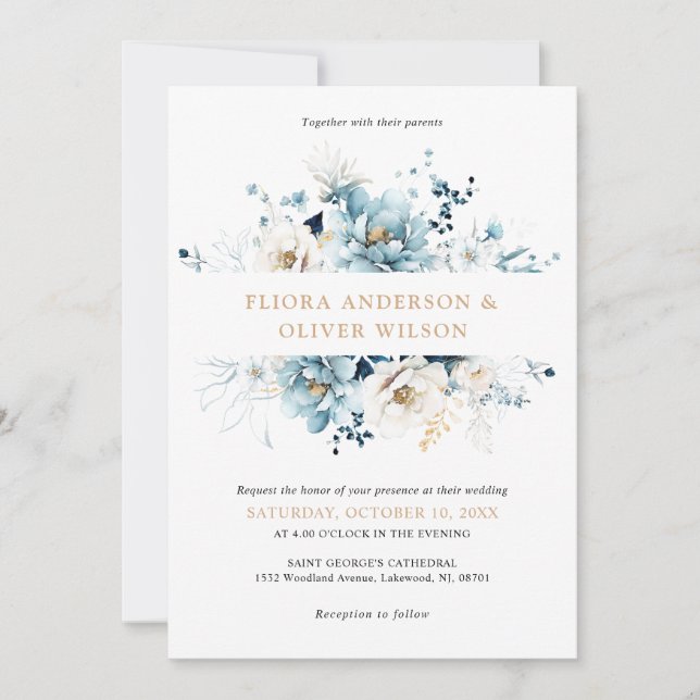 Invitación Boda floral de oro de marfil blanco de la marina a (Anverso)